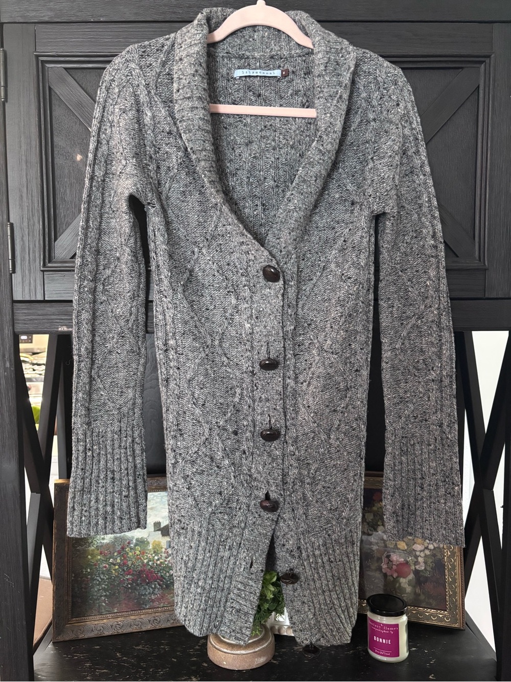 Lily McNeal Chunky Button Knit Cardigan Gray 100% Camel Hair Size‎ Small